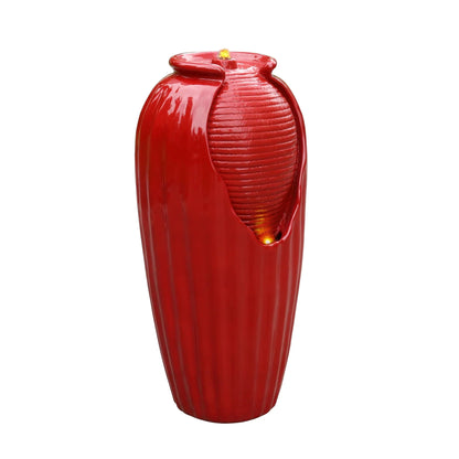 Teamson Home Indoor/Outdoor Contemporary Glazed Contoured Vase Water Fountain with LED Lights, Red