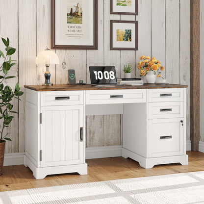 Whalefall 55 in Farmhouse Executive Desk with File Drawer for Adult Home Office, White