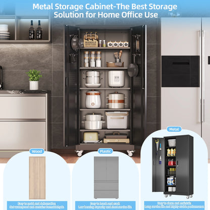 Gaeanet Rolling Tool Storage Cabinet with 5 Adjustable Shelves and Pegboard,Metal Garage Storage Cabinet with Wheels for Garage Home Office Utility Room,71" H32" W16" D,Required Assembly, Black