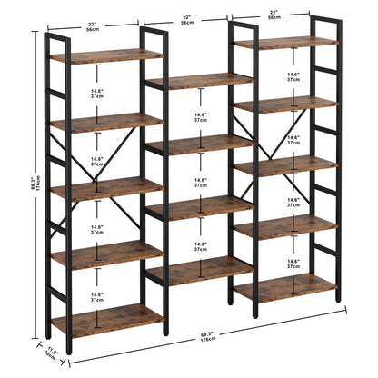 IRONCK Triple Wide 5 Tiers Industrial Bookcases and Bookshelves, Large Open Display Shelves with Metal Frame for Living Room Bedroom Home Office, Vintage Brown