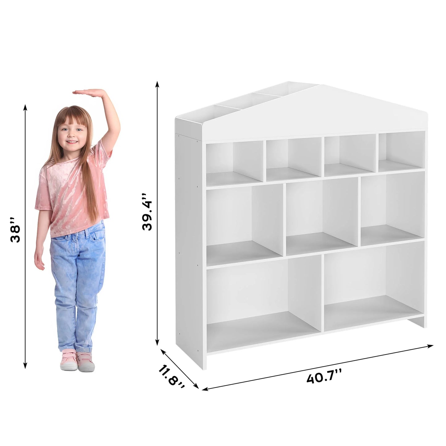 DSstyles Kids Bookshelf 9-Cubby Toy Storage Organizer White Bookcase Toddlers Playhouse Cabinet Shelf for Boys Girls Wooden Storage Toy Shelf for Playroom, Nursery, Kids Room