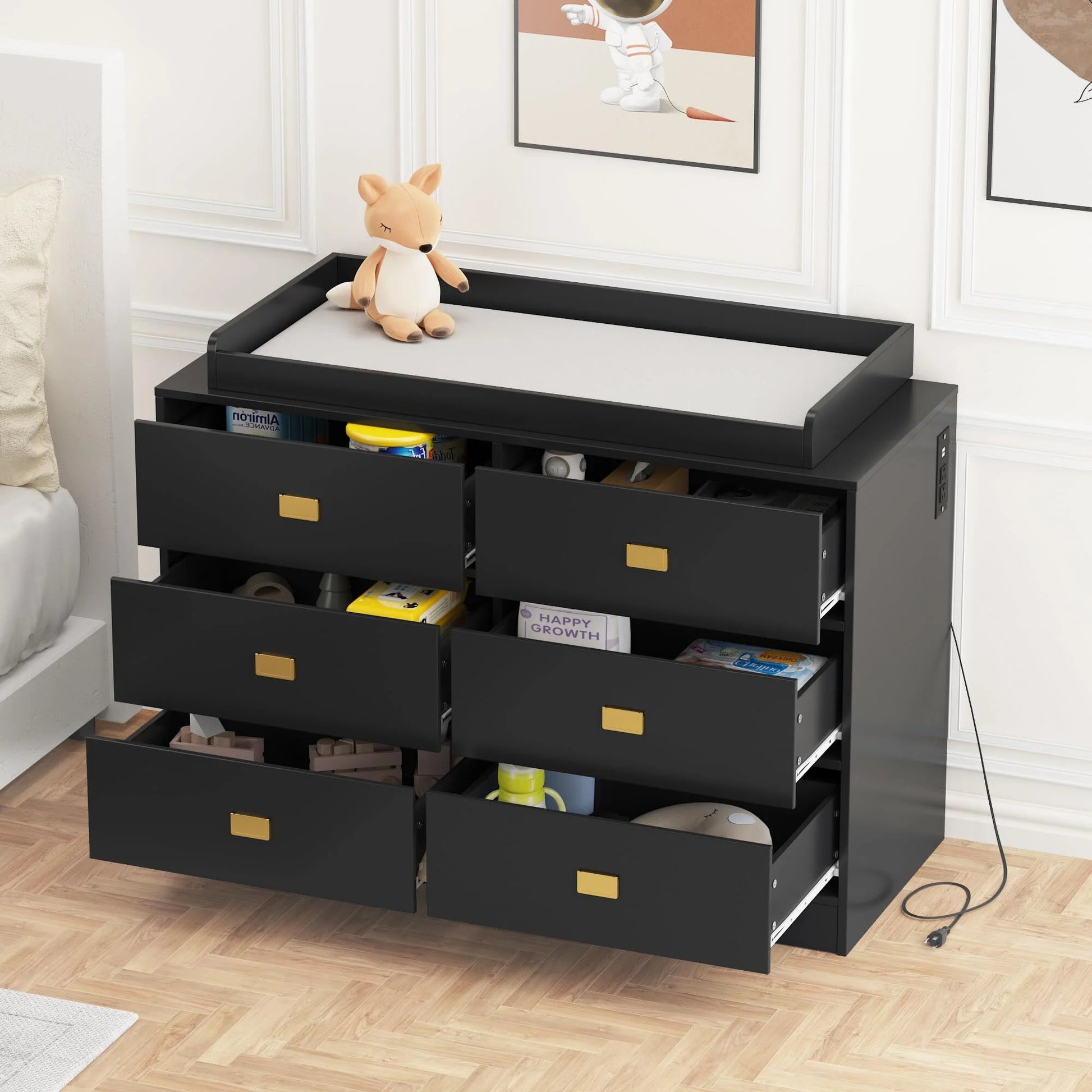 NEILA Changing Table Dresser with 6 Drawers and Power Outlets - Nursery Storage Organizer with Removable Changing Pad