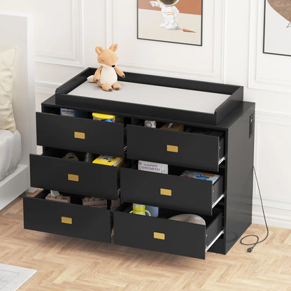 NEILA Changing Table Dresser with 6 Drawers and Power Outlets - Nursery Storage Organizer with Removable Changing Pad