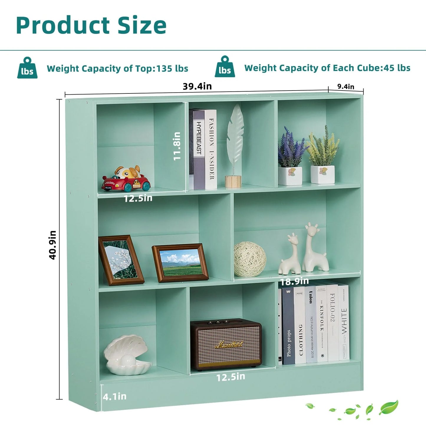 8 Cube Bookshelf with Base,3 Tier Modern Mint-Green Bookcase,Standing Wide Bookshelves Storage Organizer Toy Shelf,Wood Display Children's Book Shelves for Bedroom,Living Room,Nursery
