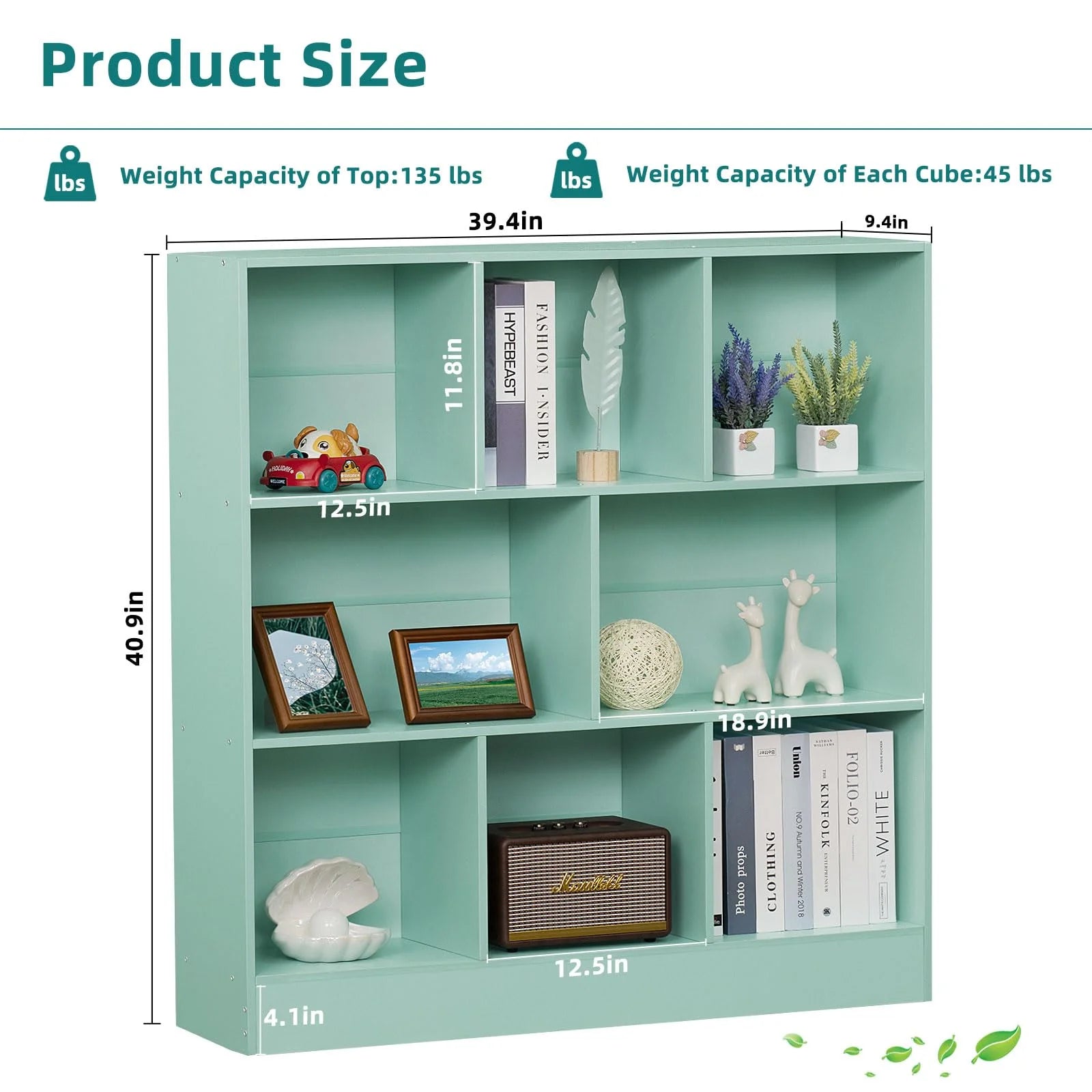 8 Cube Bookshelf with Base,3 Tier Modern Mint-Green Bookcase,Standing Wide Bookshelves Storage Organizer Toy Shelf,Wood Display Children's Book Shelves for Bedroom,Living Room,Nursery
