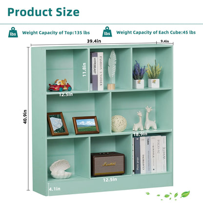 8 Cube Bookshelf with Base,3 Tier Modern Mint-Green Bookcase,Standing Wide Bookshelves Storage Organizer Toy Shelf,Wood Display Children's Book Shelves for Bedroom,Living Room,Nursery