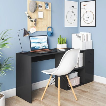 Hoffree 180 Degree Rotating Computer Desk with 2 Open Shelves 68 inch L-Shaped Desk with Drawers & File Cabinet Study Workstation for Home Office & Bedroom, Black/White