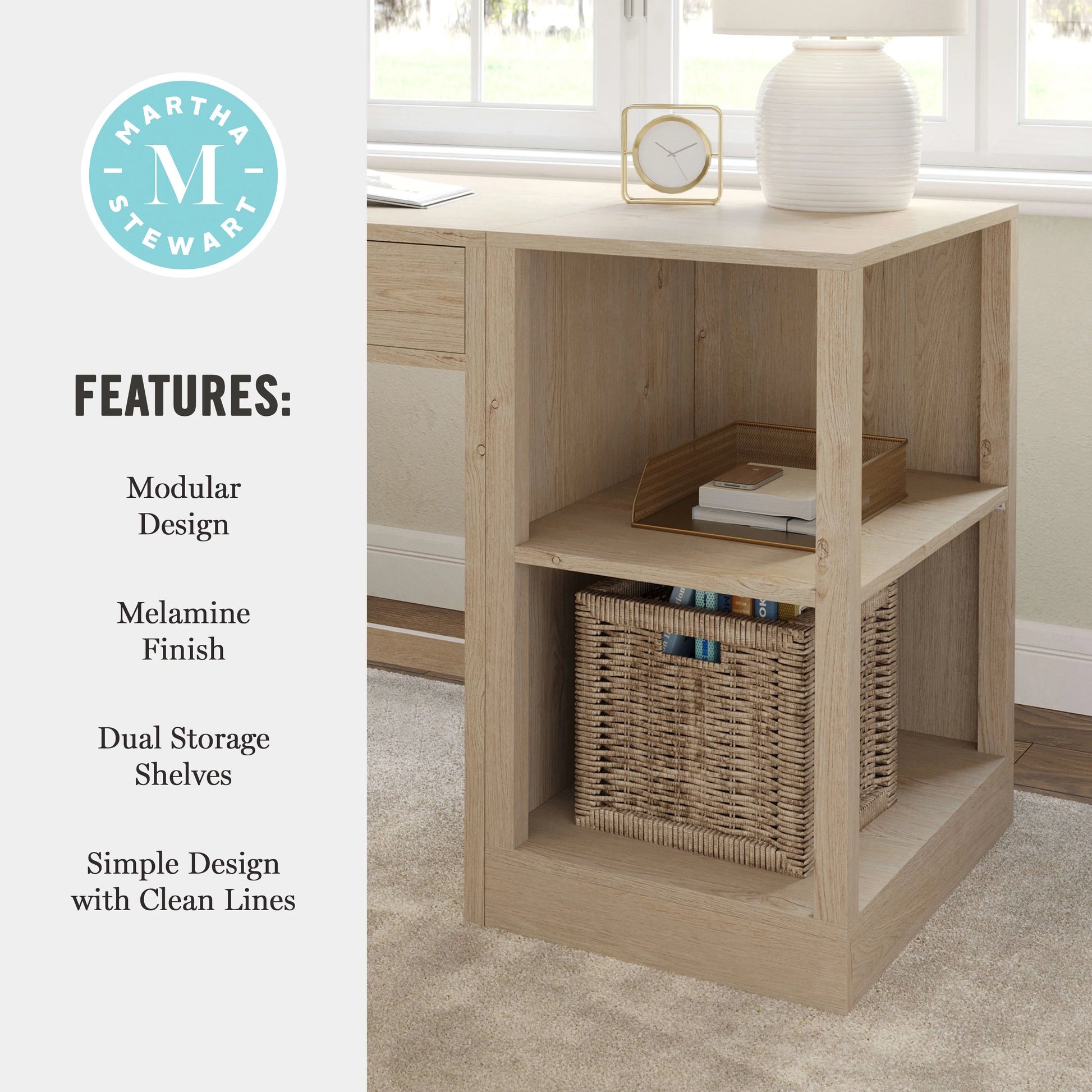 Martha Stewart Home Office Modular 2 Tier Bookshelf in Light Natural