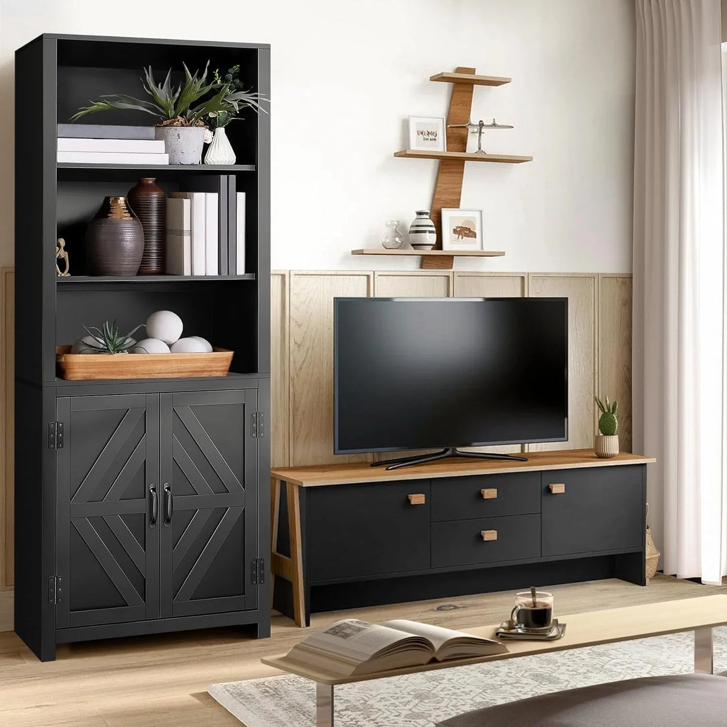 SEJOV Tall Bookshelves, 5-Tier Farmhouse Bookshelf with Cabinet Doors, 71" Bookcase with 3-Tier Open Wood Shelves, Adjustable Book Case for Home Office, Black