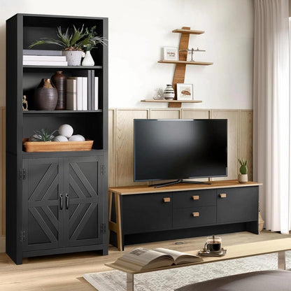 SEJOV Tall Bookshelves, 5-Tier Farmhouse Bookshelf with Cabinet Doors, 71" Bookcase with 3-Tier Open Wood Shelves, Adjustable Book Case for Home Office, Black