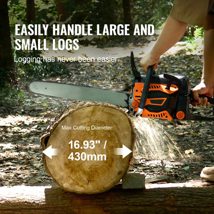 KFFKFF Gas Chainsaw, 52CC, 18-inch Blade, 2.55HP, Fuel-Operated, Portable Handheld Chainsaw for Cutting Trees, Branches, Trimming, and Clearing Land in Gardens, Farms, and Forests