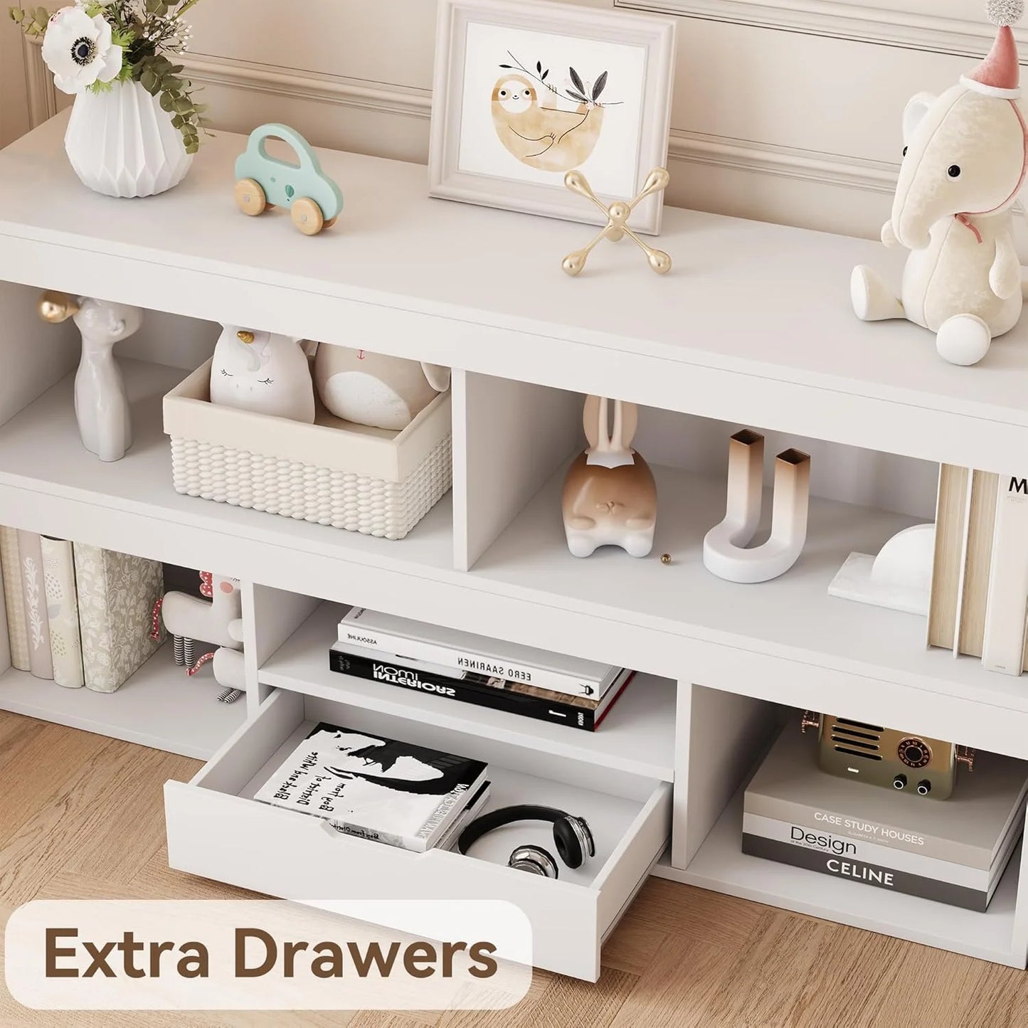 Kids Bookshelf with Drawer Nursery Bookcase Wooden Toy Storage Organizer Playhouse Storage Shelves White Book Shelf for Playroom, Classroom, Nursery, Kids Room
