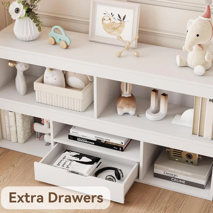 Kids Bookshelf with Drawer Nursery Bookcase Wooden Toy Storage Organizer Playhouse Storage Shelves White Book Shelf for Playroom, Classroom, Nursery, Kids Room