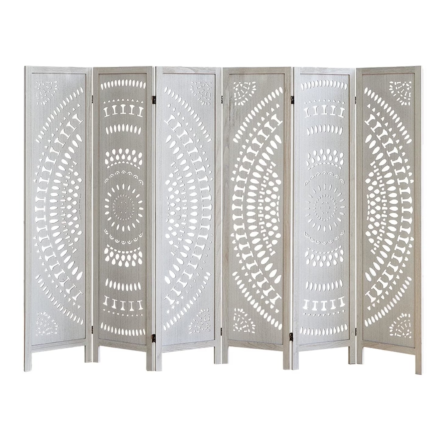Aletheiawu 6 Panel Wood Carved Room Dividers, Folding Screens, No Installation Required, Light Brown