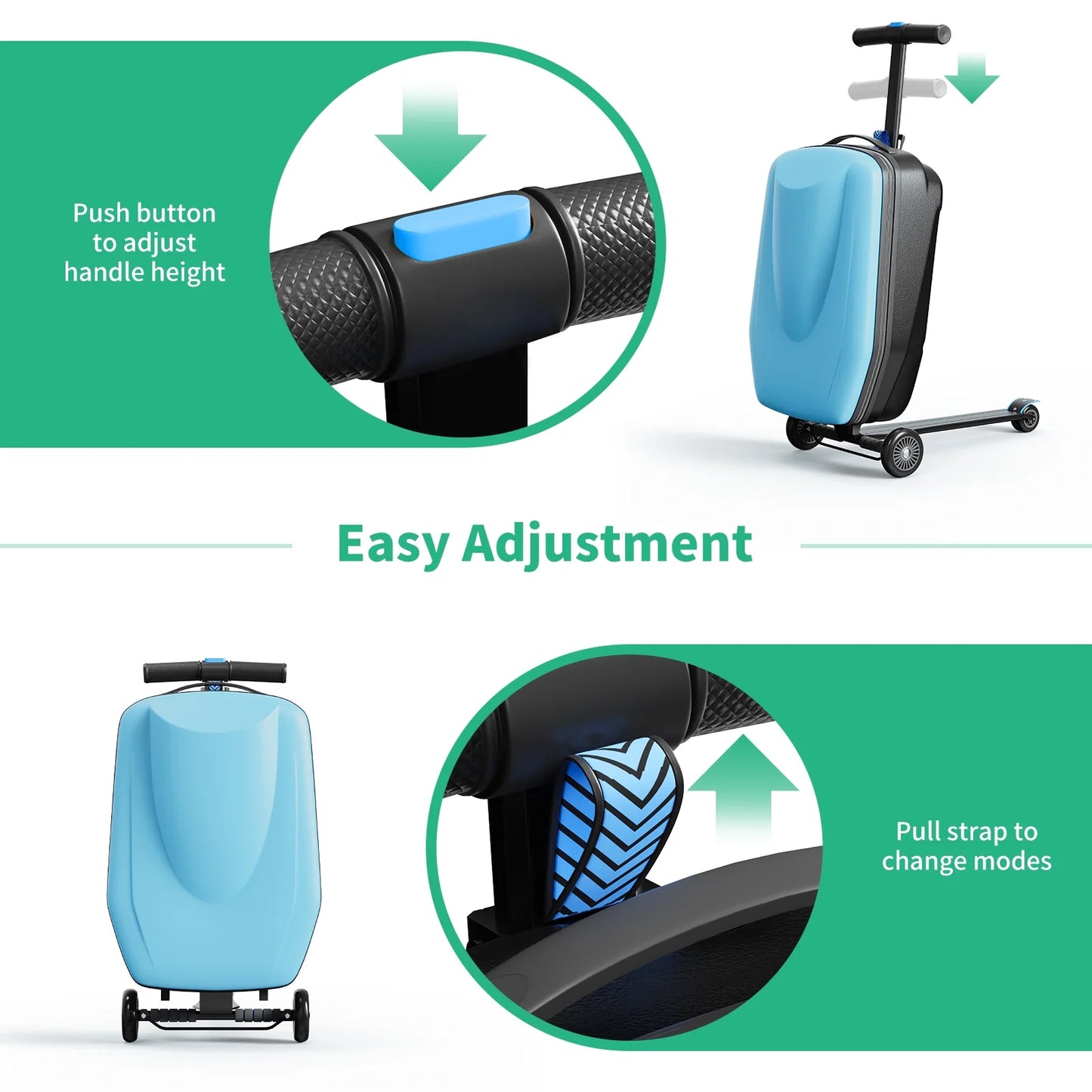 Muhub 2 in 1 Scooter Luggage for Kids and Adult,Foldable Ride on Luggage with Wheels,Light Blue