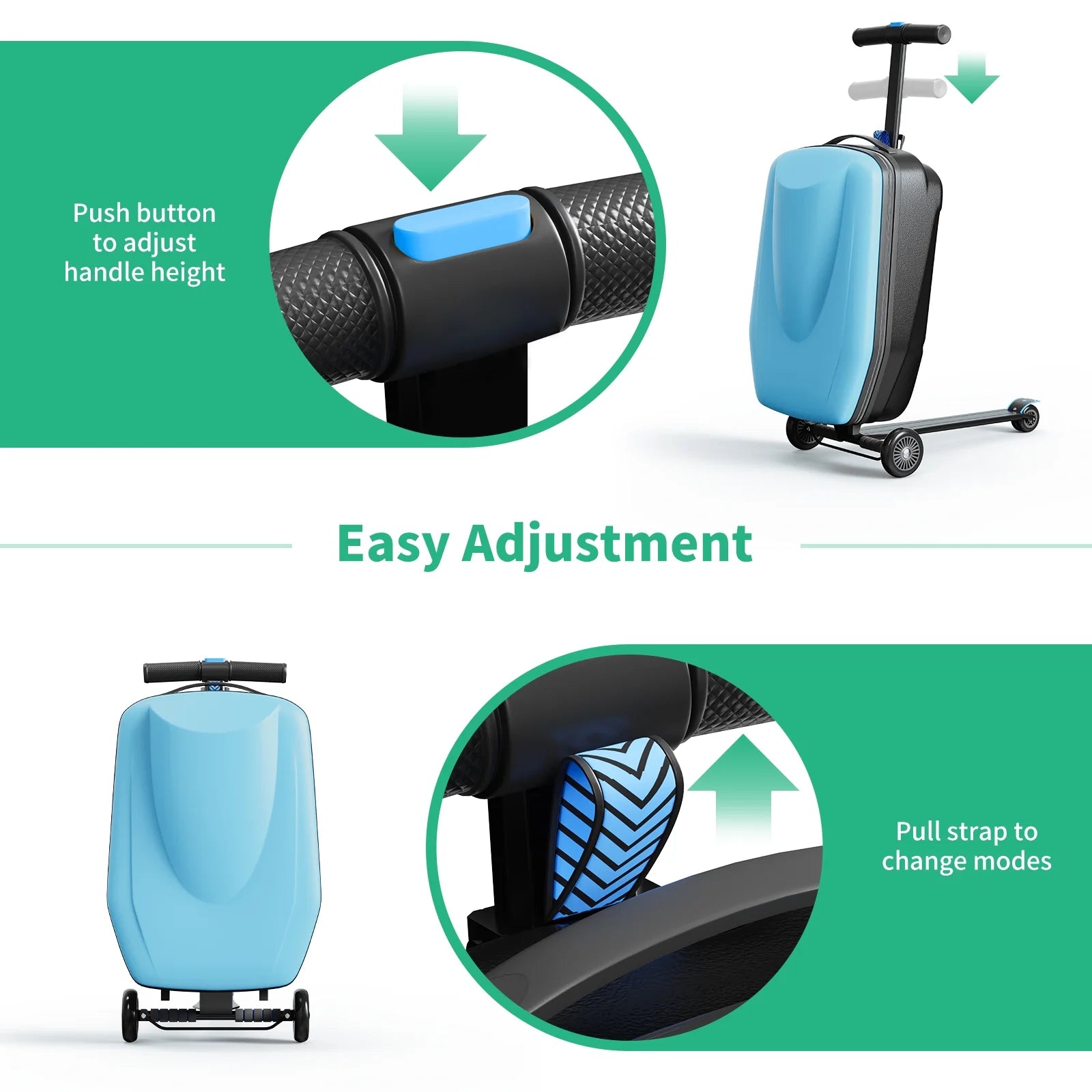Muhub 2 in 1 Scooter Luggage for Kids and Adult,Foldable Ride on Luggage with Wheels,Light Blue