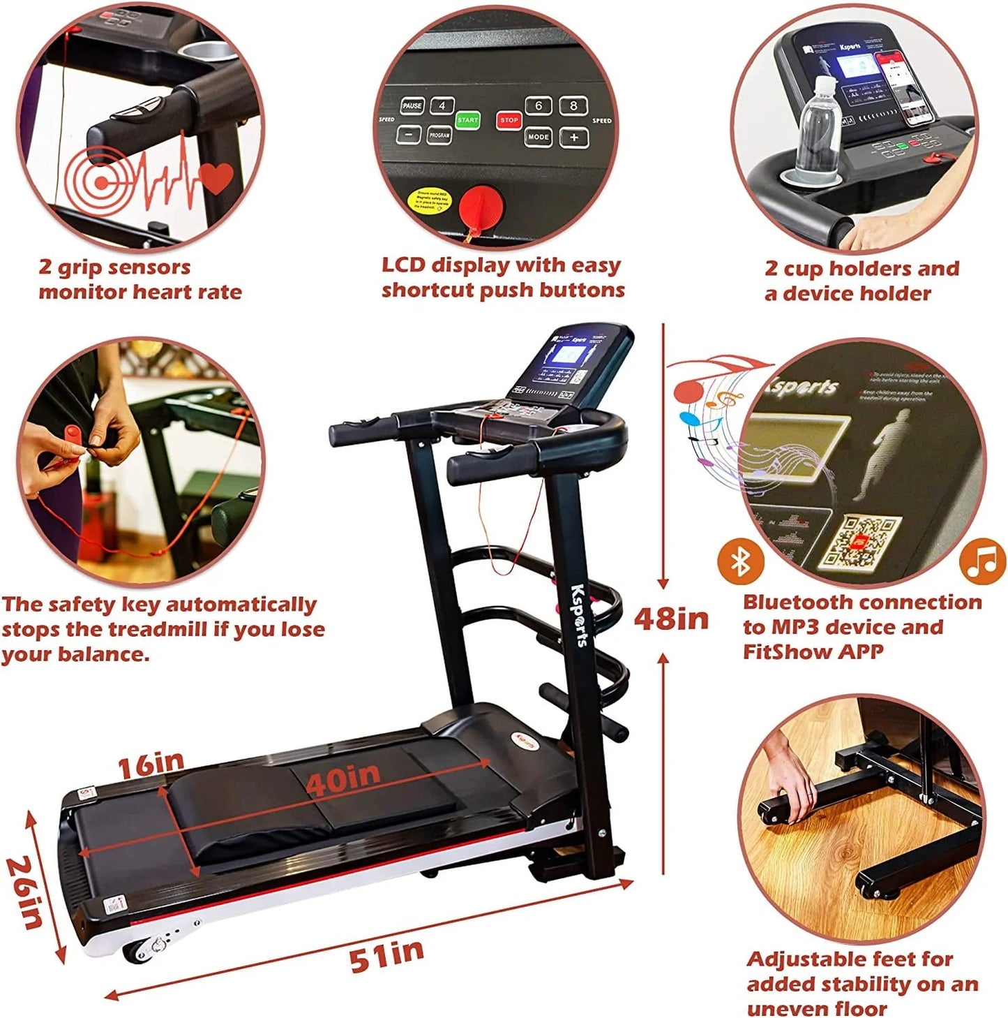 Ksports Treadmill Bundle Comprising of Electric Treadmill with 4 Incline Positions, Pneumatic Folding, Sit Ups Rack, Ab Mat & Dumb Bells with Smart Apps for Home Office Gym or Small Spaces