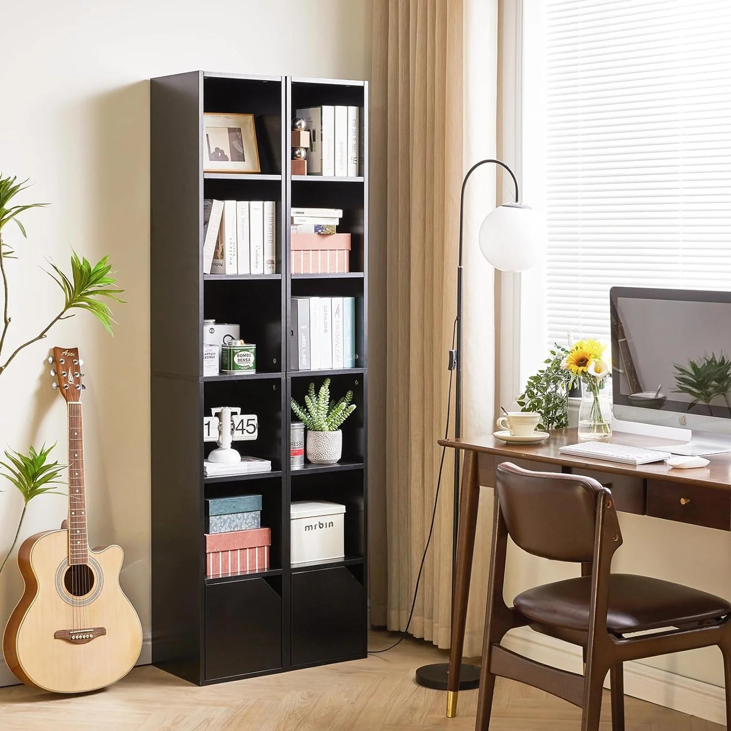 6 Tier Narrow Bookcase with Doors, Cube CD DVD Storage Cabinet,Slim Media Tower Rack,Cabinet,Black Bookcase Display Storage Shelves for Small Spaces,for Home Office Black