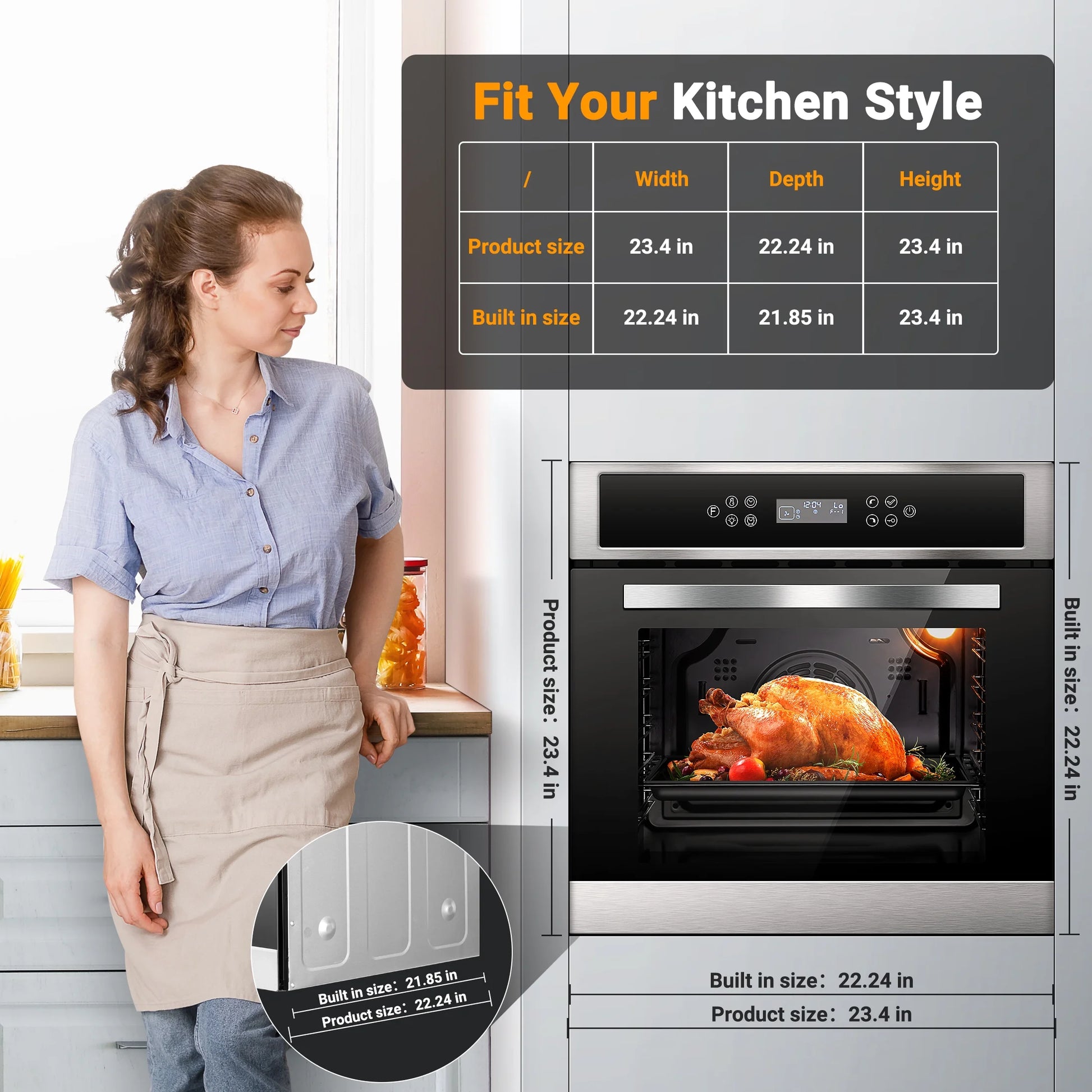 Sunmaki Single Wall Oven 24 Inch Electric Built-in Convection Oven 2.5 Cu.Ft 240V LED Digital Display Touch Control Timer Alarm Clock Child Lock for Kitchen, 2800W