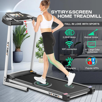 SYTIRY Folding Treadmill w/10" HD Touchscreen WiFi 3.25 HP Adjustable Incline Treadmills, Heart Rate Monito 9 MPH Speed Range Jogging Running Machine for Home Office 265lbs Weight Capacity