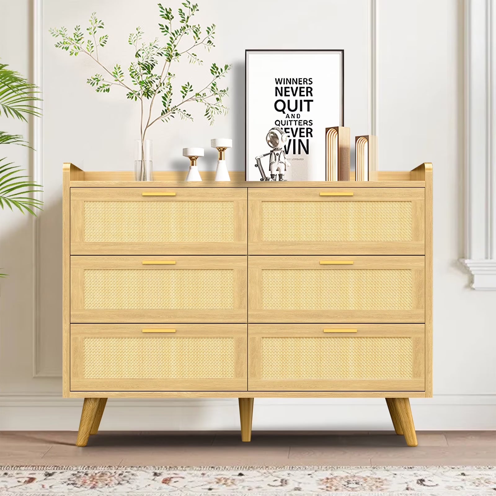 Capri 3 Drawer Dresser, Rattan Storage Wide Chest of Drawers, Night Stand Storage Cabinet for Women, Kids, Baby, Nursery, Girls, Bedroom Living Room Furniture, Natural