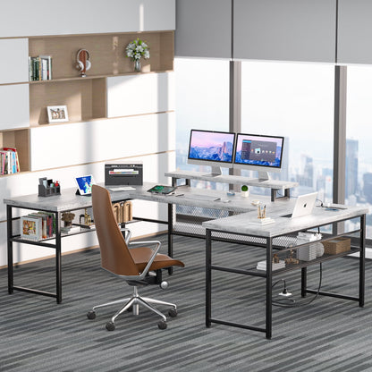 Homieasy U Shaped Desk with Power Outlet and LED Strips, 129.9'' Ergonomic L-Shaped Gaming Desk with Monitor Stand, Reversible Corner Computer Desk with Storage Shelf for Home Office, White Oak