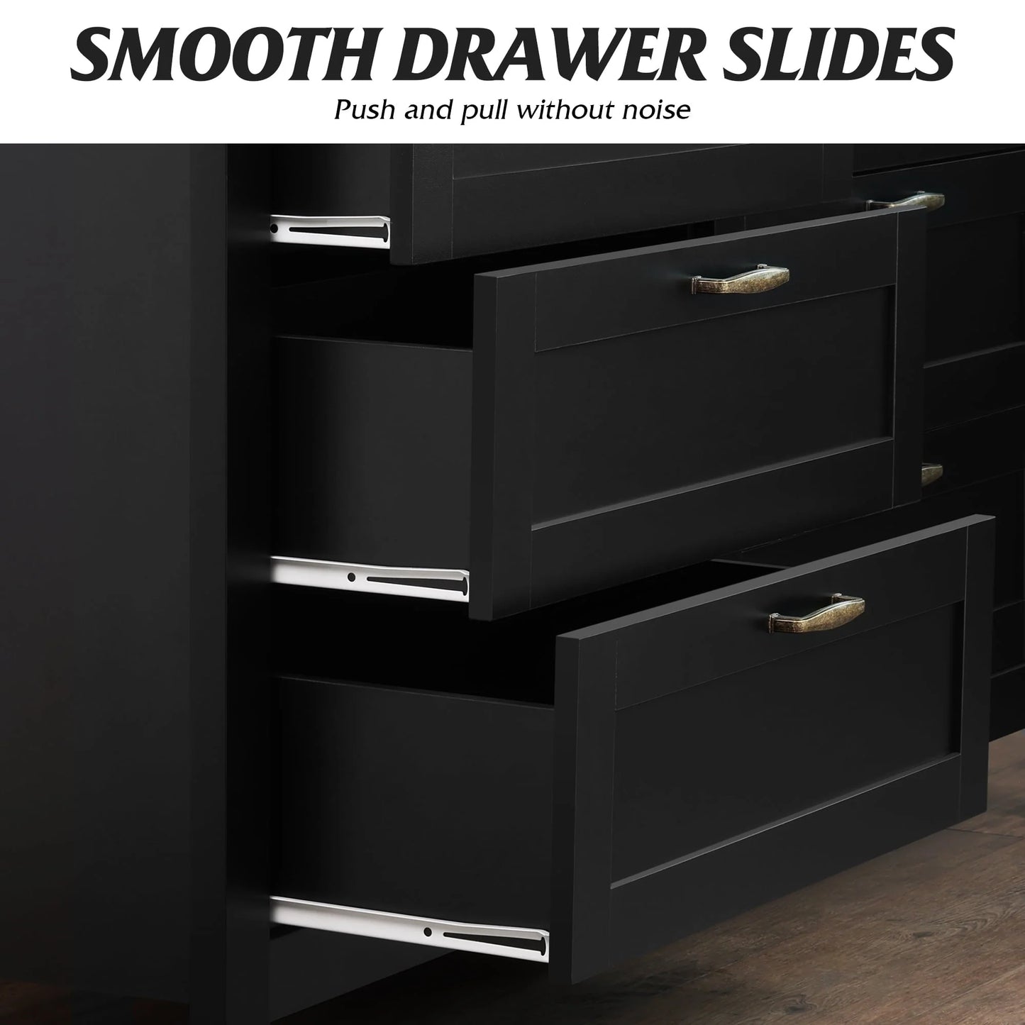 WLIVE Black Dresser for Bedroom, Double Dresser with Chest of 6 Drawers for Living Room & Nursery Toddlers Room, Retro Chest of Drawers with Metal Handle, Double Wood Dresser, Large Storage Cabinet