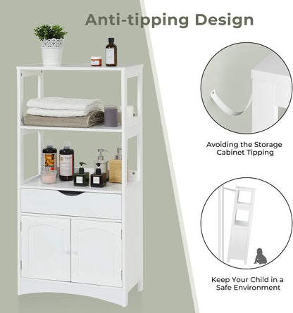Sideboard Storage Cabinet with Drawer& Shelves, Kitchen Pantry Storage Cabinet with Microwave Space& Cupboard, Modern Freestanding Floor Bathroom Cabinet/Bookshelf for Home Office, White