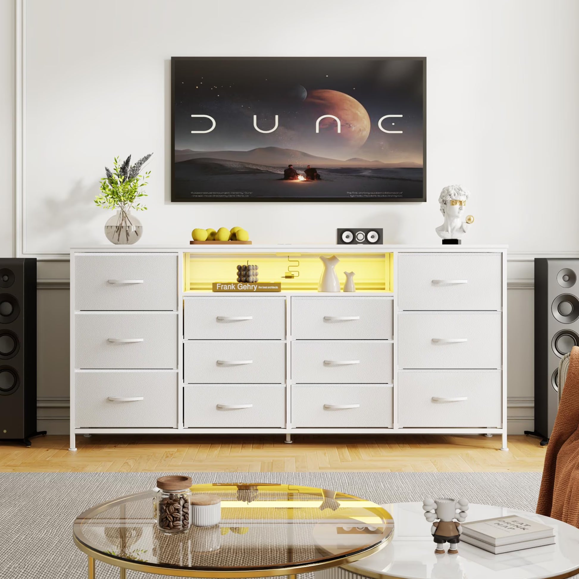 Danolapsi 12-Drawer Dresser with Charging Station & LED Lights, Fabric Chest of Drawers with Sturdy Metal Frame, Wood Top TV Stand, Storage Organizer for Bedroom, Closet, Entryway, Nursery