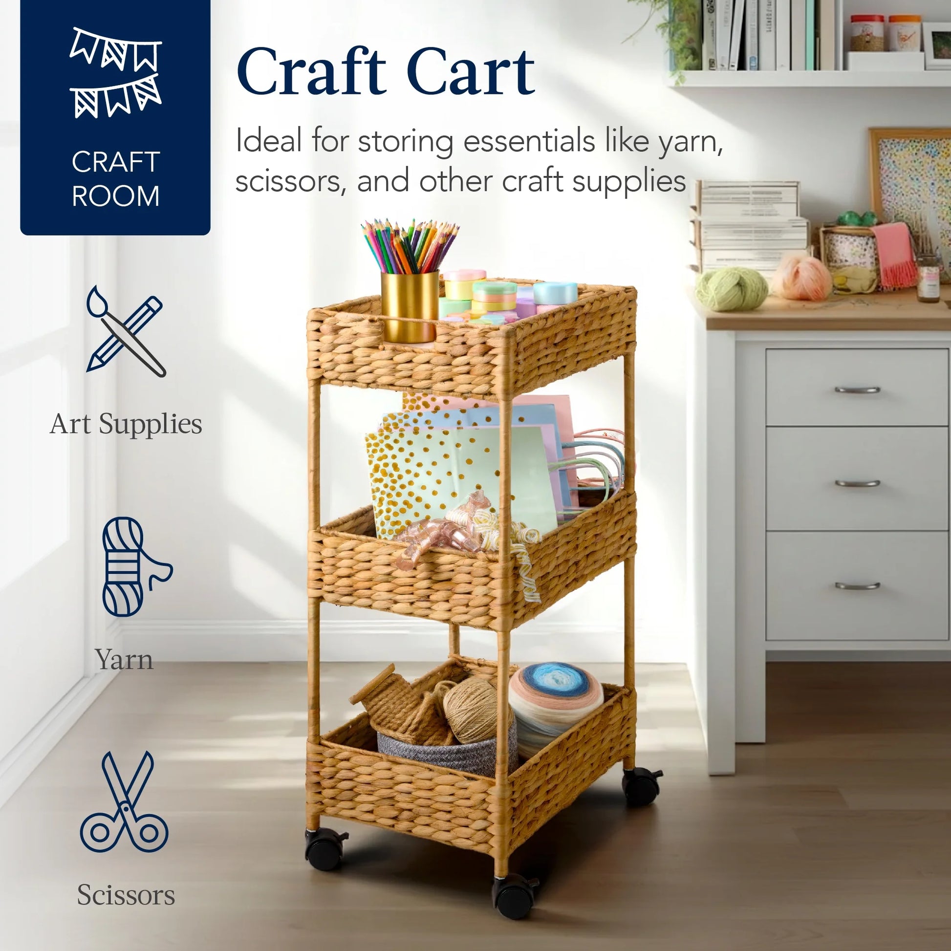 Best Choice Products 3-Tier Water Hyacinth Rolling Nursery Caddy w/Wheels, Utility Cart, Storage Organization - Natural