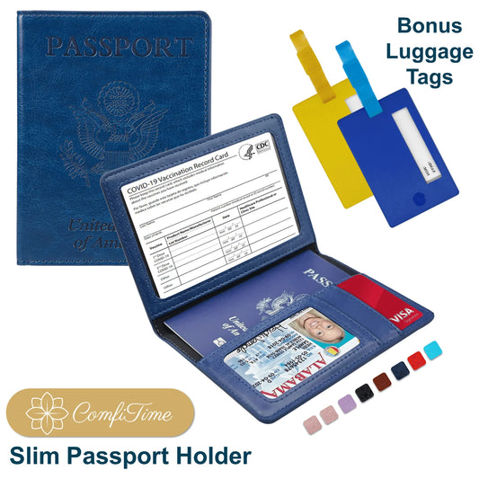 ComfiTime Passport Holder Slim Passport Wallet with Vaccine Card Holder and Credit Card Slots, 2 Bonus Travel Luggage Tags, Waterproof PU Leather Passport Cover/Case, Navy Blue