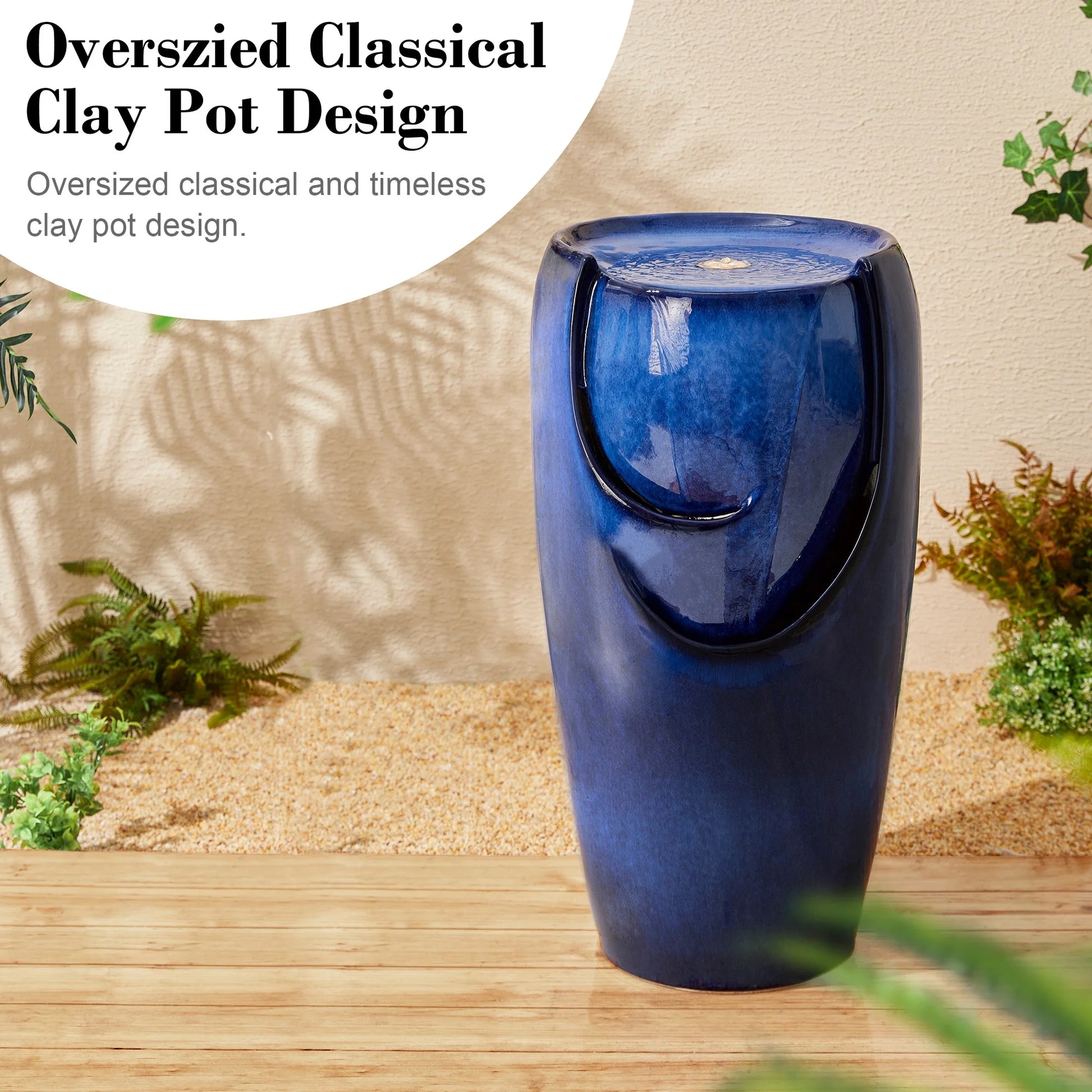Glitzhome 29" Tall Ceramic Vase Water Fountain Red with Pump and LED Light for Yard Garden Patio