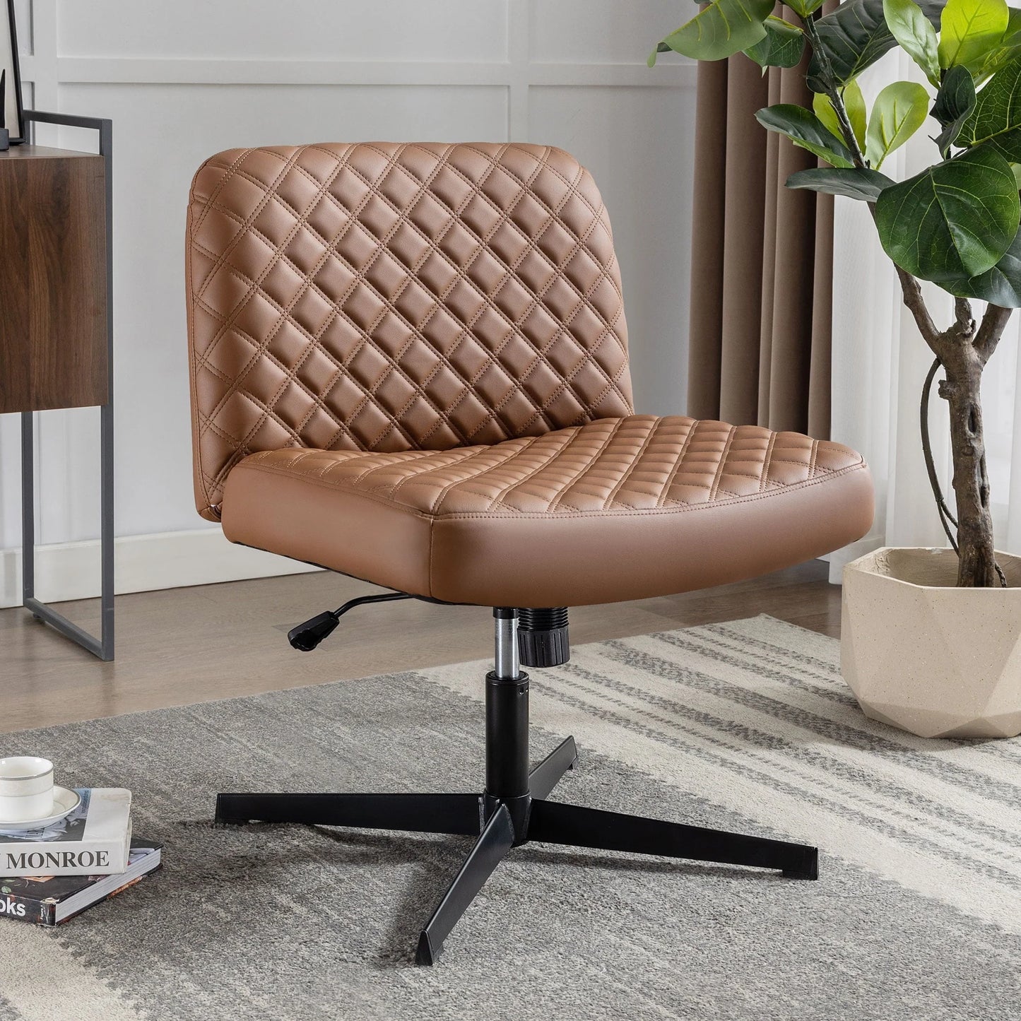 JONPONY Armless PU Leather Office Desk Chair,Cross Legged Home Office Chair No Wheels Heavy Duty Metal Base,120° Rocking Ergonomic PC Chair,Brown