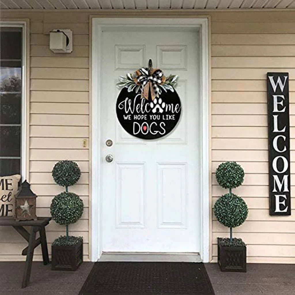 Front Door Welcome Sign, Round Wood Door Room Decor, Door Decor, Spring Wreath, Door Decor, Spring Wreath, Farm Porch Hanging Sign, Green, For Those Family With Pets, 11.8 Inch