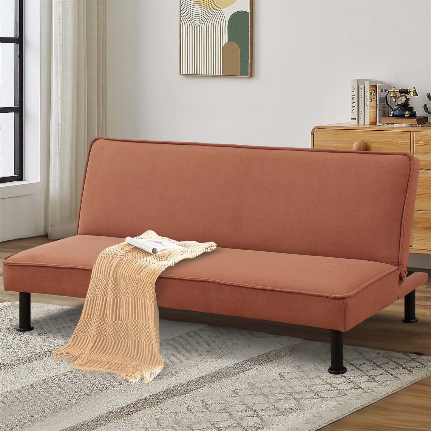 Aukfa Modern Futon Convertible Sofa Bed for Home Office, Adjustable Backrest, Flannel, Orange