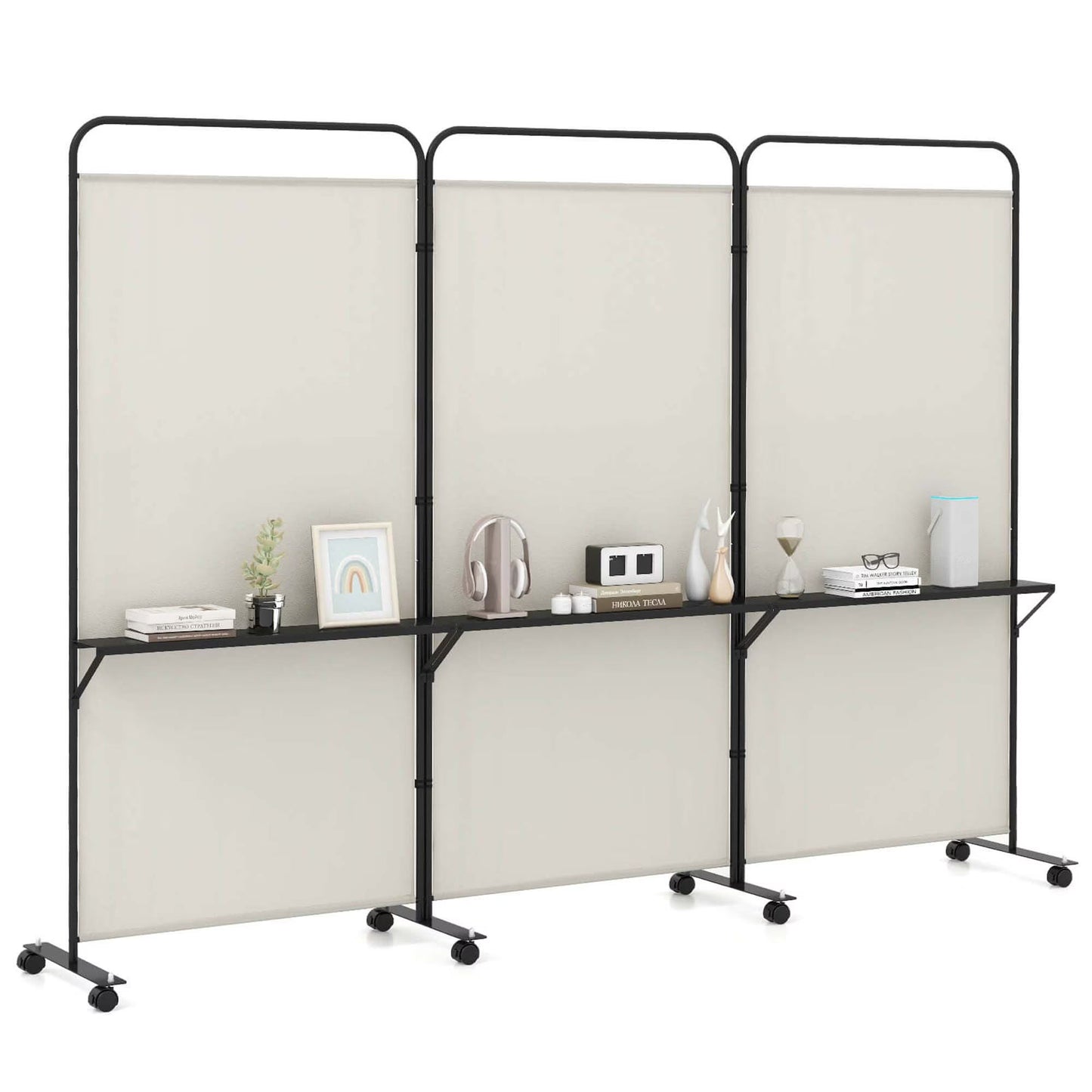 Costway 3-Panel Room Divider with Storage Shelves 6FT Tall Folding Privacy Screen on Wheels Black