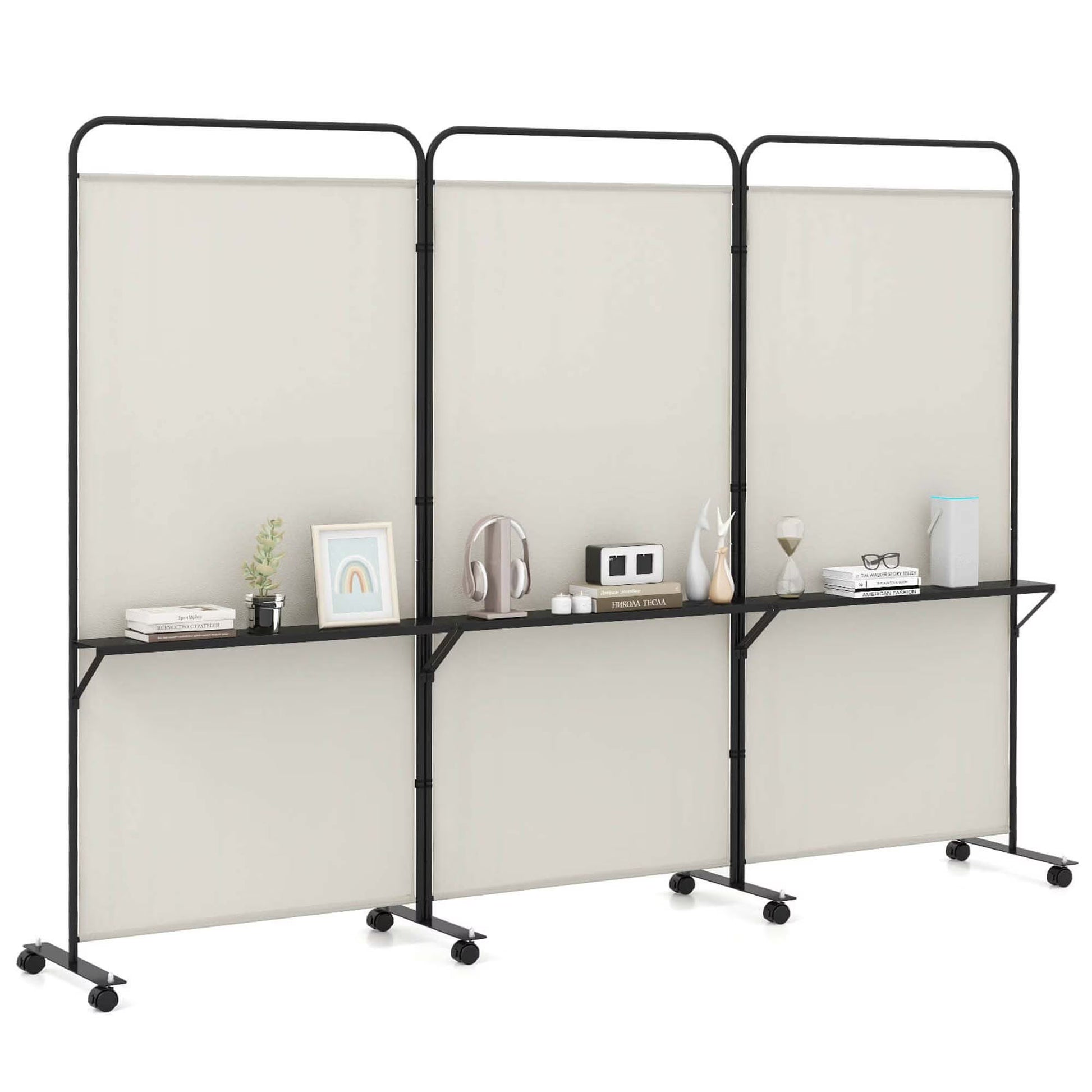 Costway 3-Panel Room Divider with Storage Shelves 6FT Tall Folding Privacy Screen on Wheels Black