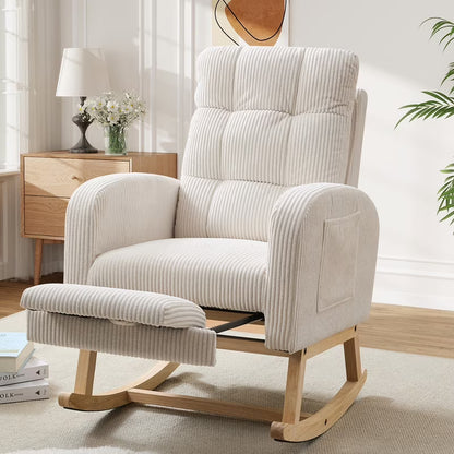 FFH Rocking Chair Nursery, Tufted Accent Rocker Chair, Upholstered Armchair with Adjustable Footrest, Side Pocket, High Backrest, Padded Seat, Polyester Blend (Retro, Dark Gray)