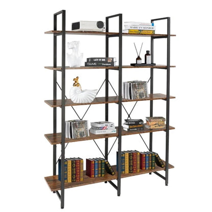 Ktaxon 5-Tier Open Bookcase, Wood and Metal Etagere Bookshelves Display Storage Rack for Home Office Decor, Vintage Brown