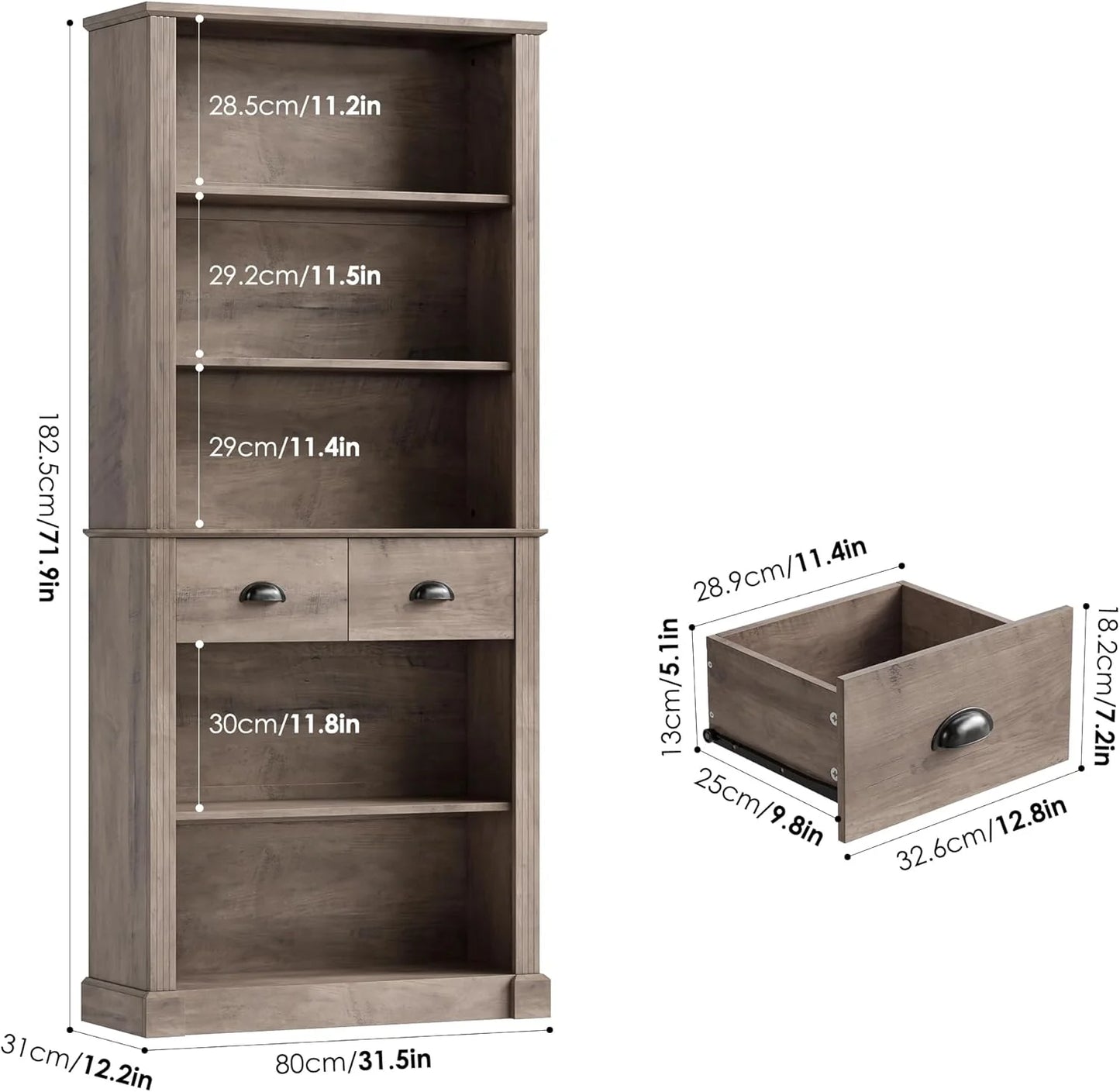 72" Farmhouse Bookshelf and Bookcase with Storage, Tall Bookshelf with Drawers, 5 Tier Book Shelf with Storage, Wood Display Shelves for Home Office, Study, Wash Gray
