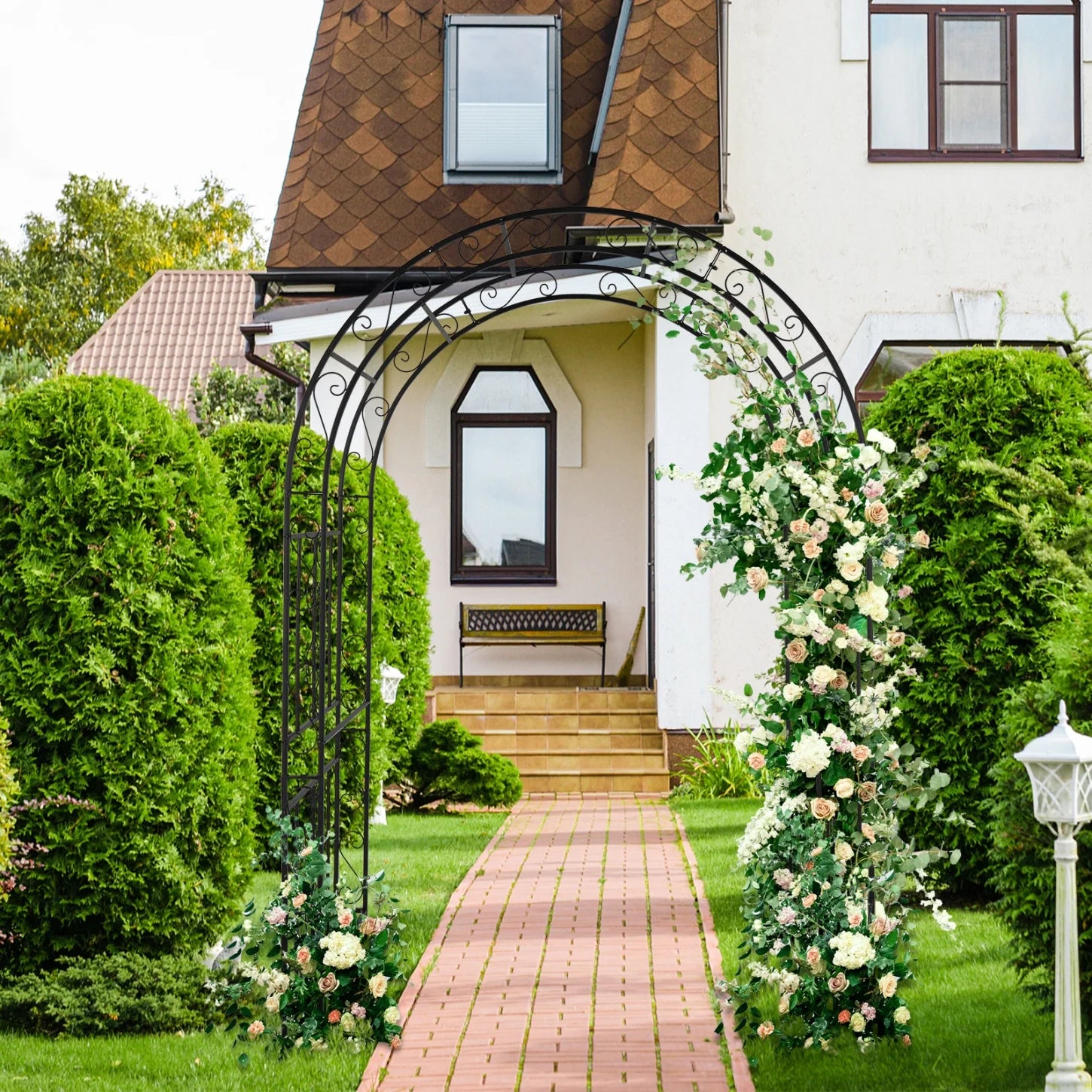 84" Tall Double Layer Iron Garden Arch Trellis, Black, Powder Coated Rustproof Plant Support for Climbing Roses, Vines and Flowers, Decorative Outdoor Wedding Arbor with Easy Ground Stakes