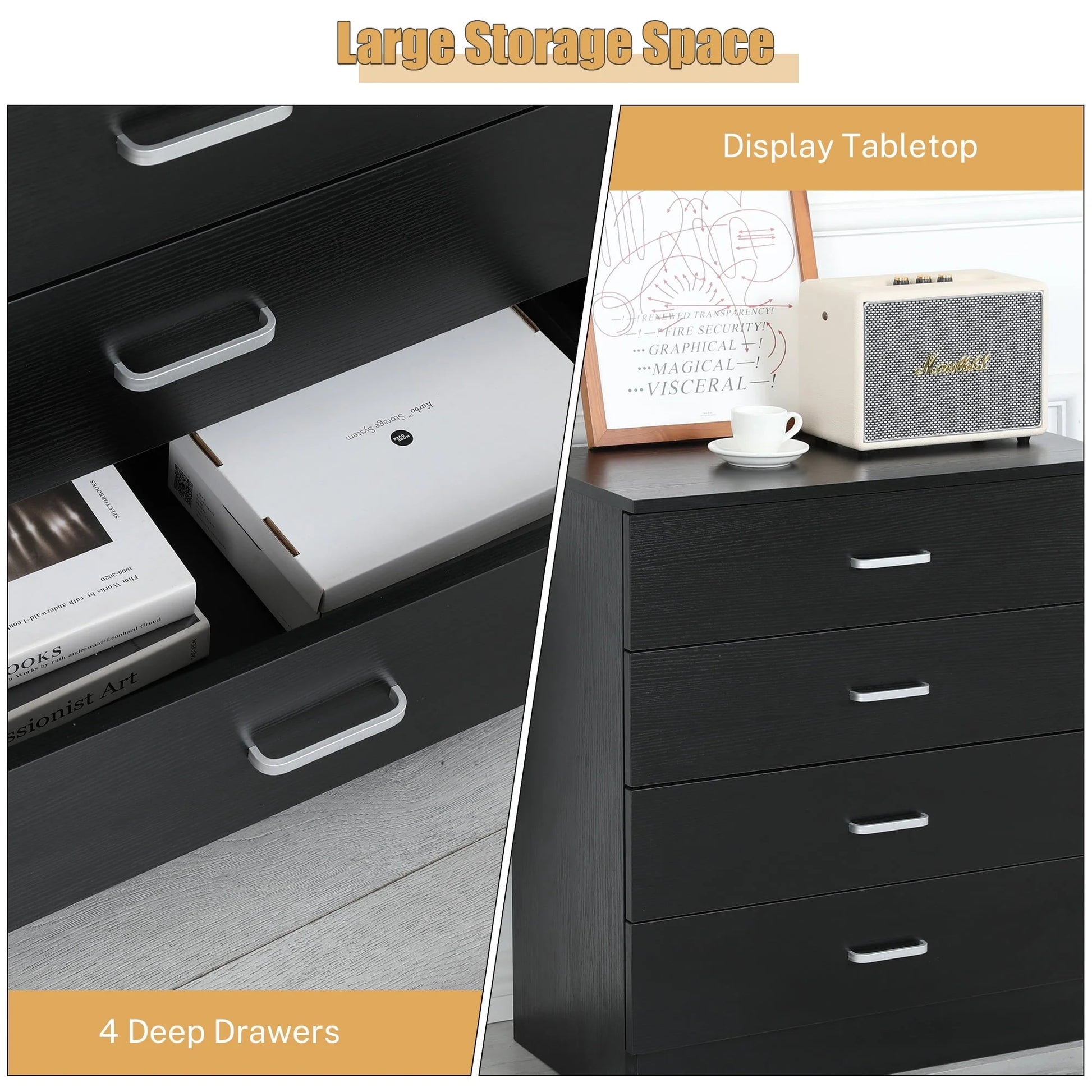 SYNGAR Black 4 Drawer Dresser, Chest of Drawers for Bedroom, Modern Storage Cabinet Dresser Organizer Unit with Handle for Living Room, Closet, Hallway, Nursery