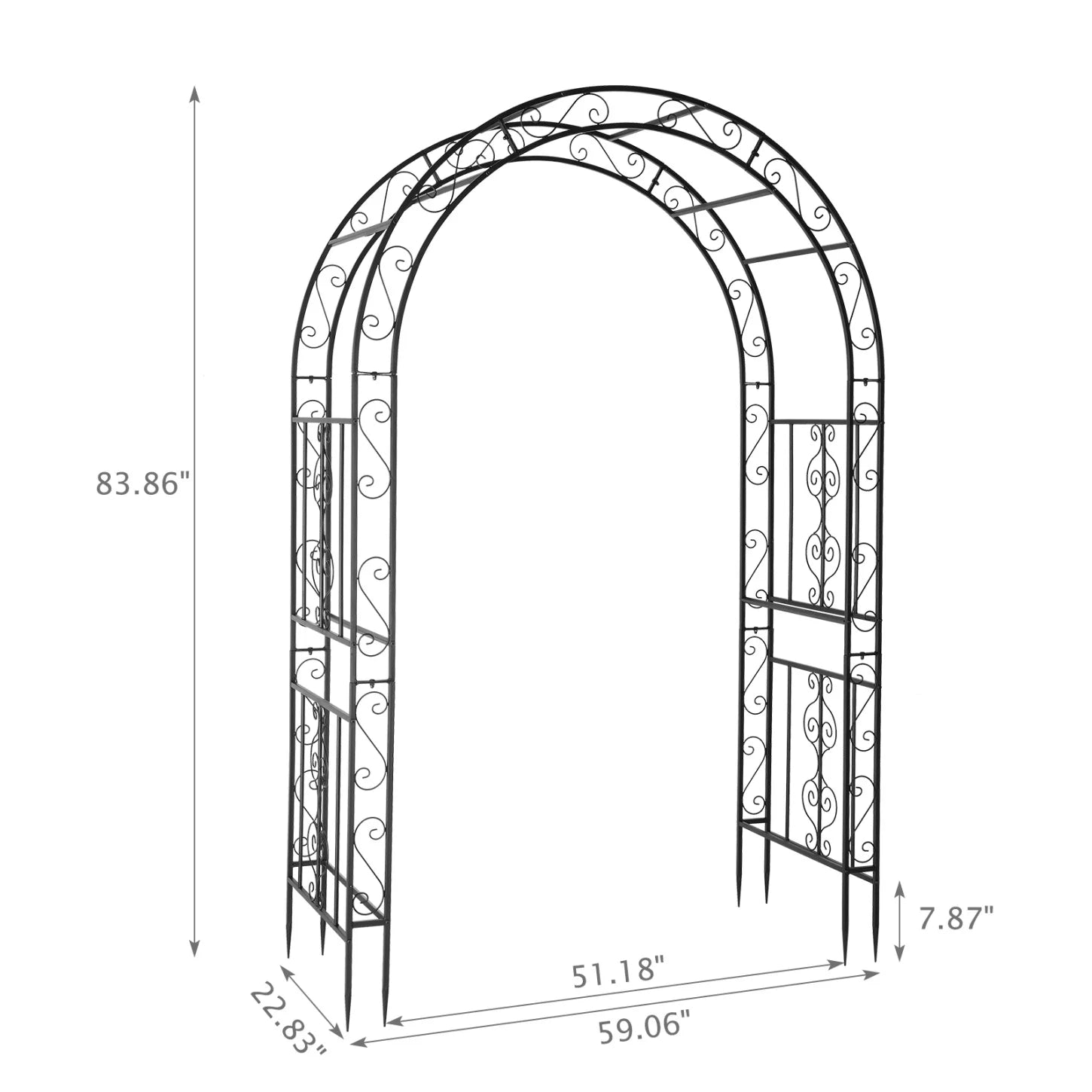 84" Tall Double Layer Iron Garden Arch Trellis, Black, Powder Coated Rustproof Plant Support for Climbing Roses, Vines and Flowers, Decorative Outdoor Wedding Arbor with Easy Ground Stakes