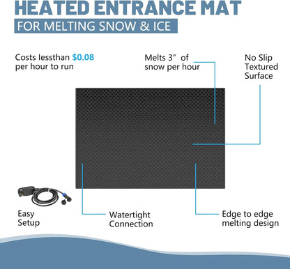 Slsy Snow Melting Mat, 20 x 30 inch, 3 in/h Melting Speed, Heated Outdoor Mats for Winter Walkway, No-Slip Rubber w/Plug & Power Cord