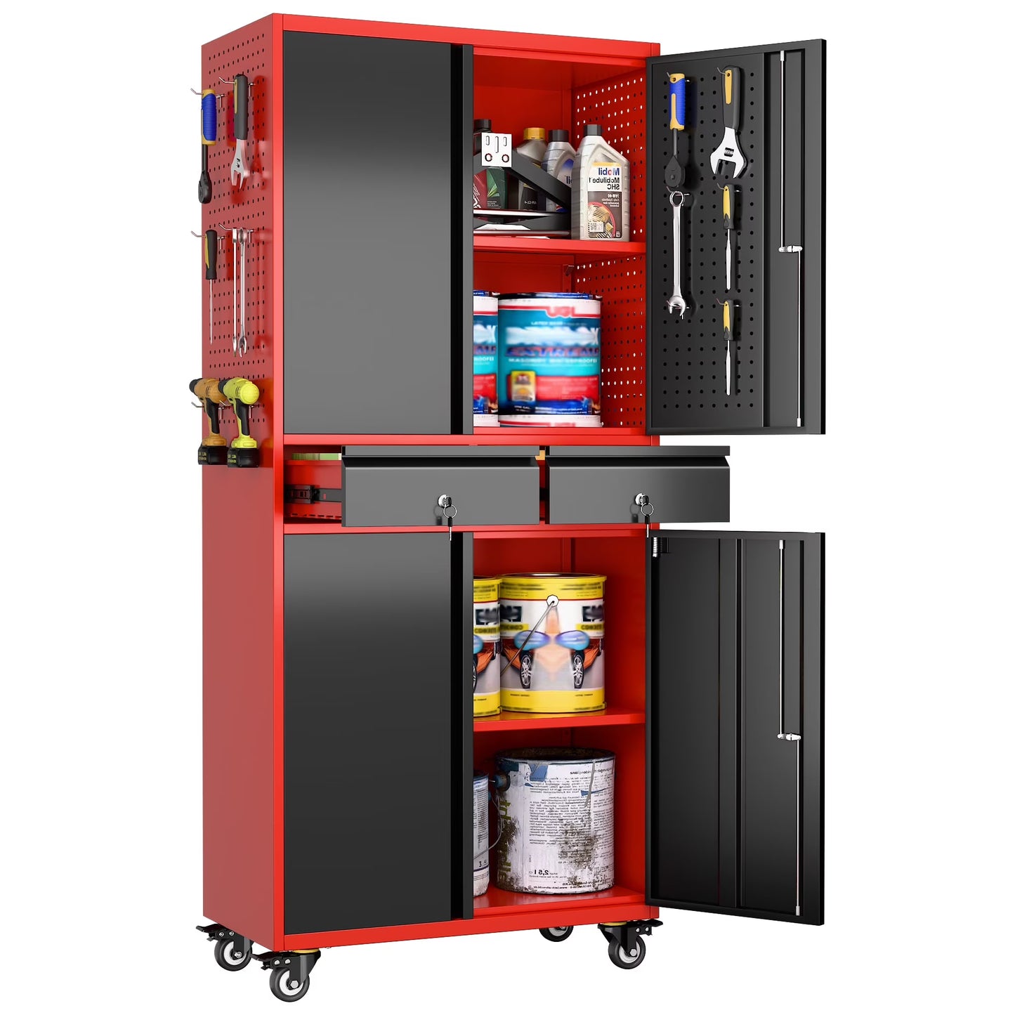 GAEANET 71" H Metal Storage Cabinet on Wheels with Pegboards & Drawer,Lockable Rolling Steel Tool Chest Cabinet for Garage,Warehouse,Home Office,Assembly Required,Black+Gray