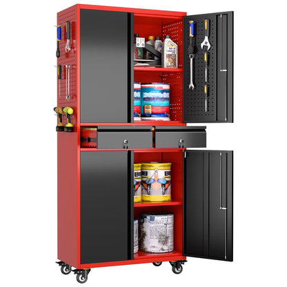 GAEANET 71" H Metal Storage Cabinet on Wheels with Pegboards & Drawer,Lockable Rolling Steel Tool Chest Cabinet for Garage,Warehouse,Home Office,Assembly Required,Black+Gray