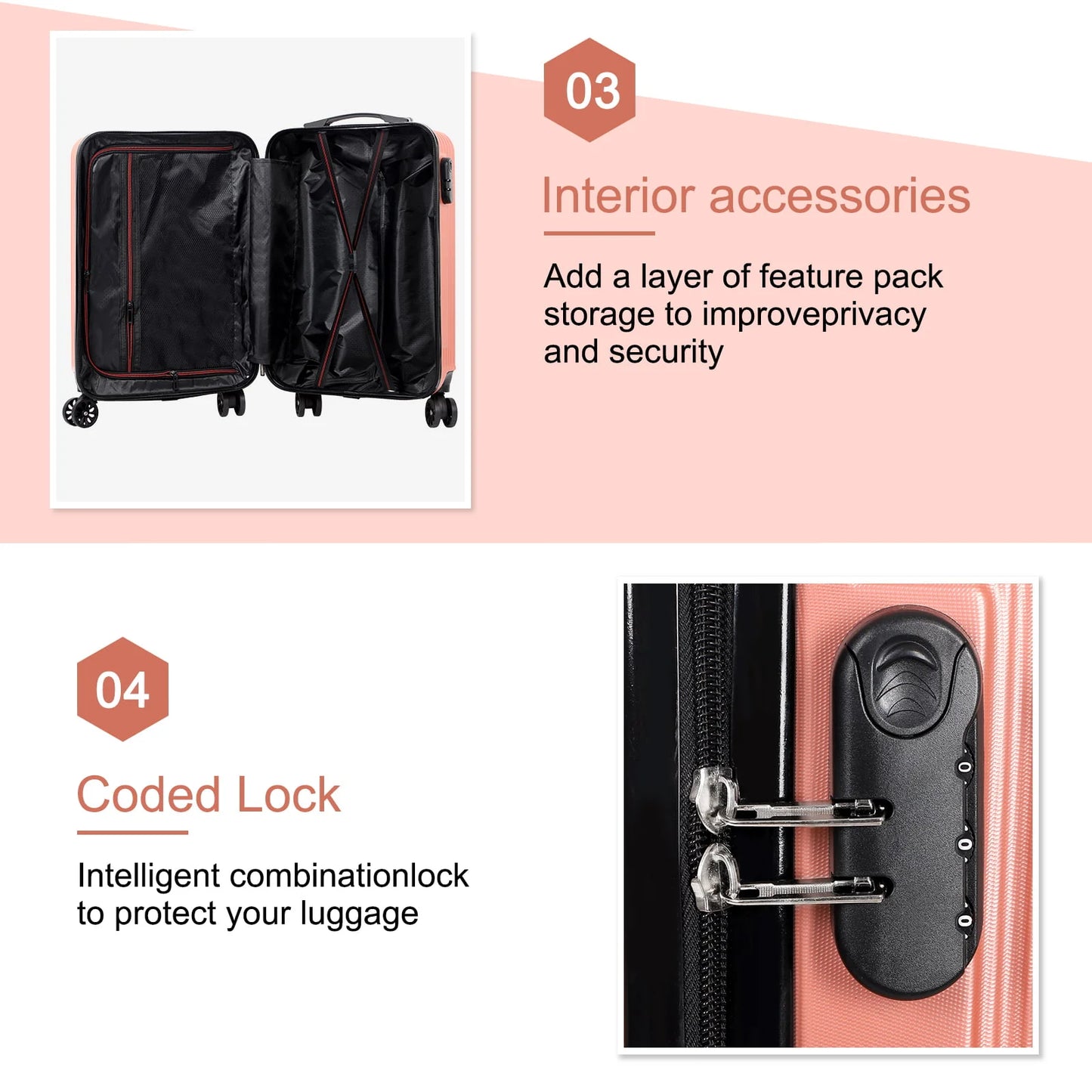 Carry On Luggage, 20" Hardside Suitcase ABS Spinner Luggage with Lock - Crossroad in Rosegold