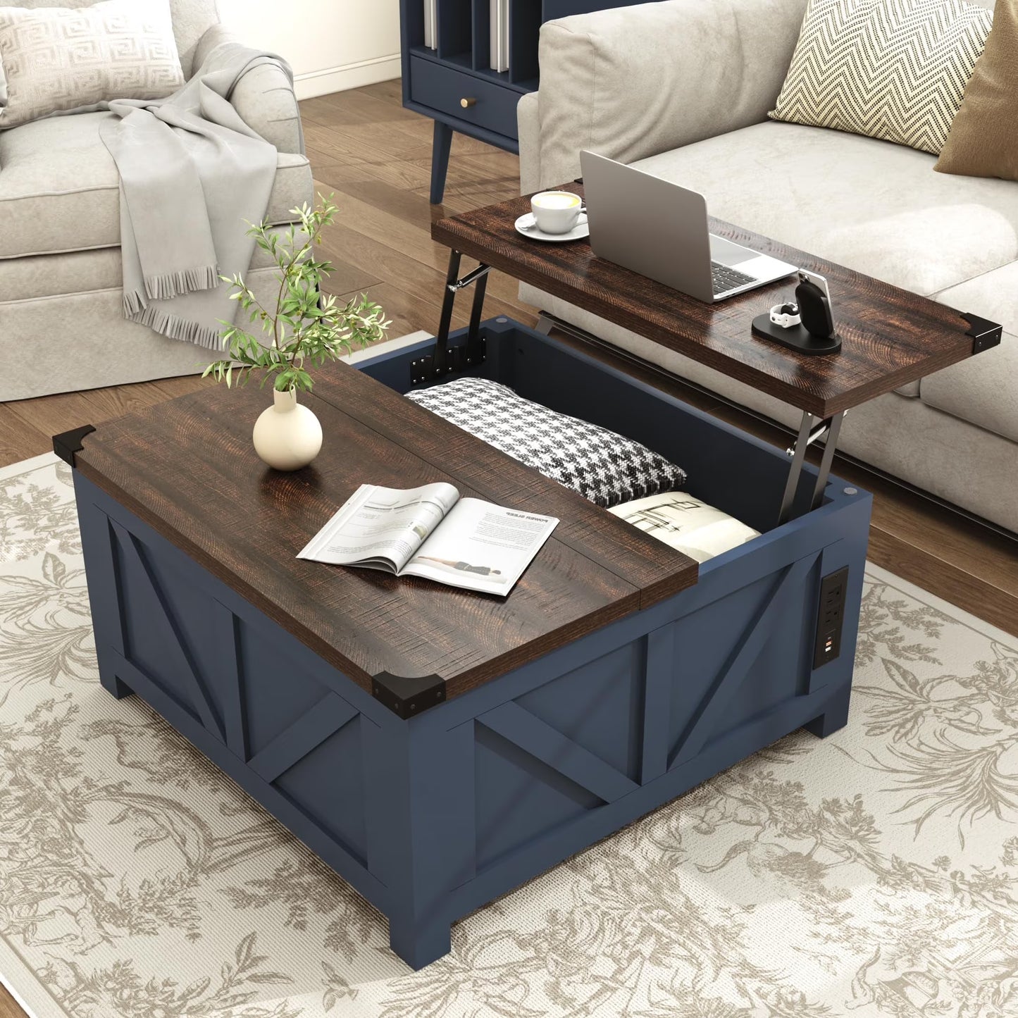 ChVans 35.6" Square Lift Top Coffee Table, Farmhouse Coffee Table with Storage & Charging Ports, Wood Center Table w/Large Hidden Space for Living Room Home Office