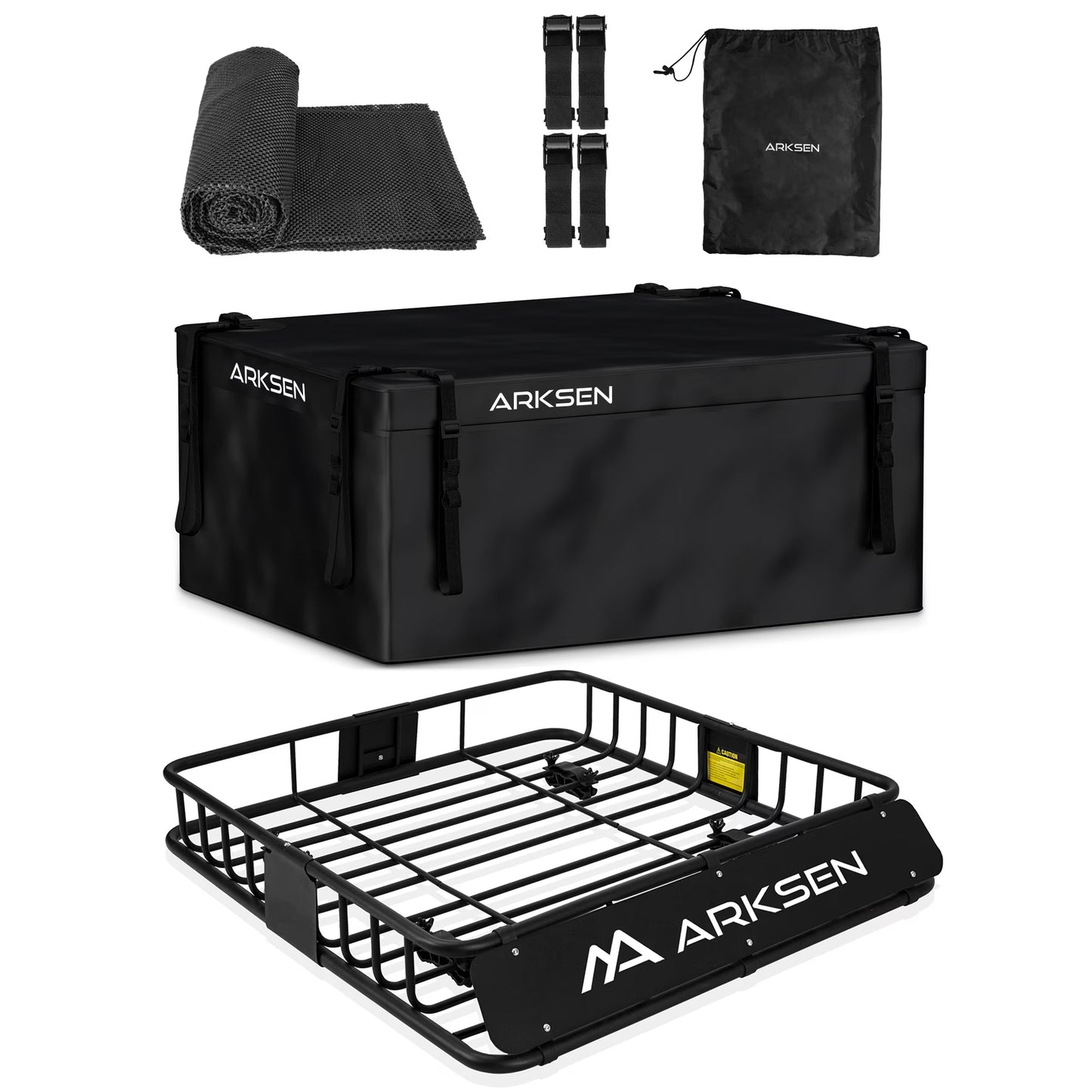 ARKSEN 43 x 39 x 6 inch Heavy Duty Roof Rack Cargo Carrier w/500D PVC Waterproof Cargo Bag, Universal Steel Roof Basket with Extension, 150 LBS Capacity Car Top Luggage Holder for SUV, Truck, Pickup