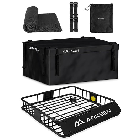 ARKSEN 43 x 39 x 6 inch Heavy Duty Roof Rack Cargo Carrier w/500D PVC Waterproof Cargo Bag, Universal Steel Roof Basket with Extension, 150 LBS Capacity Car Top Luggage Holder for SUV, Truck, Pickup